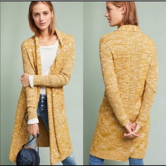 Anthropologie Sweaters - Anthropologie Abigail Marled Open Long Cardigan Yellow-Gold w/ Pockets Sz Small